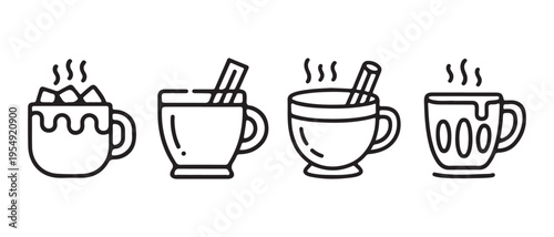Minimalist Set of Hot Drinks Line Art Icons: Steaming Mugs with Marshmallows and Cinnamon for Winter Warmth.