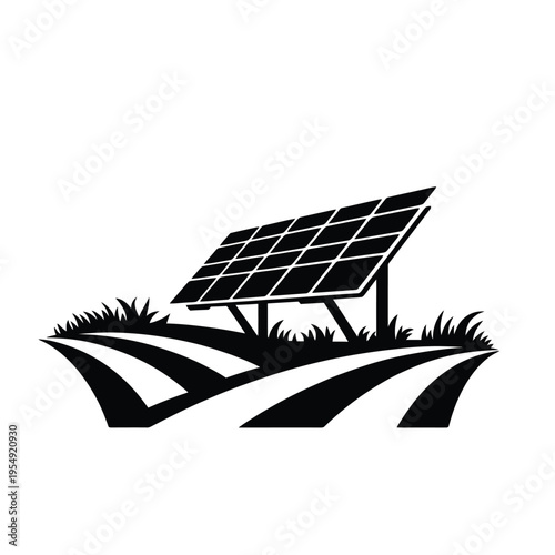 A black and white illustration of a solar panel in a field