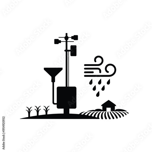 Simple black and white illustration of a weather station with rain and wind