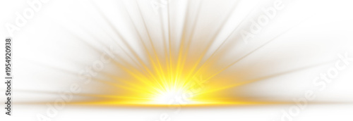Golden sun rising png from the horizon with blinding light rays isolated on transparent background, sunrise or sunset vector png illustration
