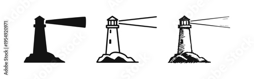Lighthouse on Rocks Icons Set. Coastal Navigation and Guidance Beacon. Marine Lighthouse with Light Beams Vector.