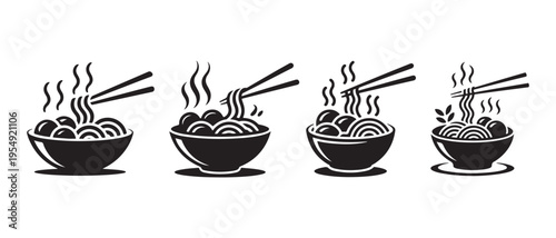 Steaming Asian Noodle Bowls with Meatballs and Chopsticks Icon Set. Hot comfort food vector illustration on white background.