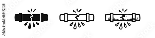 Broken Leaking Water Pipe Icon Set for Plumbing Emergencies and Damage