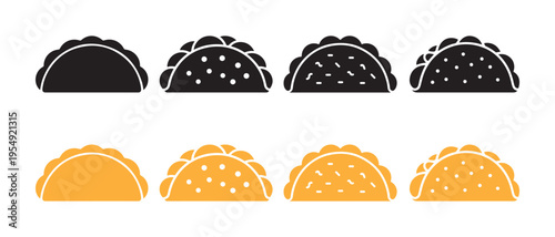 Set of Flat Taco or Empanada Icons in Black and Orange Tones on White Background, Simple Vector Food Illustration.
