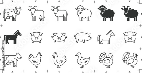 Farm animals line icons set with cow sheep pig horse chicken duck and turkey, minimal livestock collection vector illustration