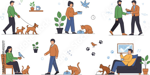 People with pets lifestyle set, daily activities with cats dogs and birds collection modern flat vector illustration scenes