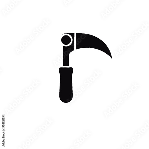 A stark black silhouette of a traditional farming scythe tool