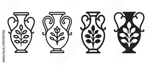 Set of Stylized Ancient Greek Amphora Vases with Leaf Pattern. Classic Pottery Outline and Solid Black Graphic Design Elements.