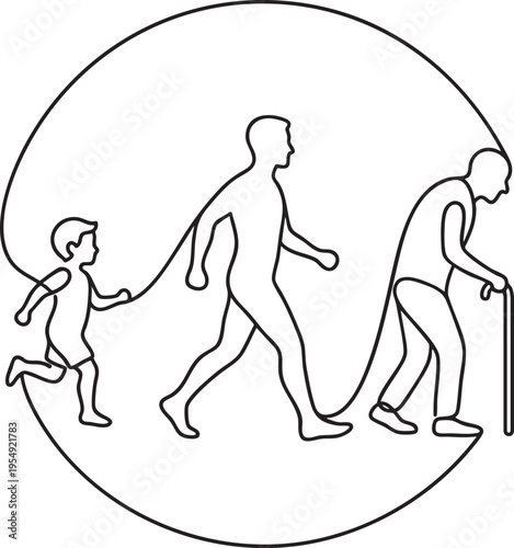 Vector illustration showing human life cycle stages from childhood to old age within a circle.