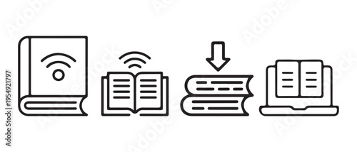 Digital Books and E-Learning Icons. Audiobooks, Online Reading, and Download Concepts in Modern Line Art.