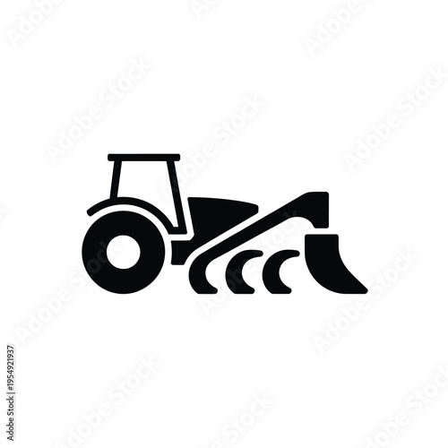 Simple black and white icon depicting a farming tractor with a plow