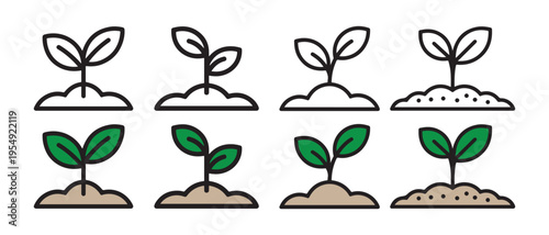 Set of Plant Sprout Icons Illustrating Growth from Earth, Featuring Minimalist Flat Design in Outline and Color Versions.