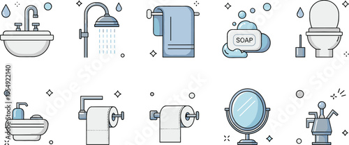 Bathroom hygiene icons set with sink shower toilet soap mirror and accessories, clean restroom equipment collection vector illustration