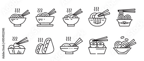 Hot Noodle Bowls and Food Icons Set, Asian Cuisine and Meal Illustrations.