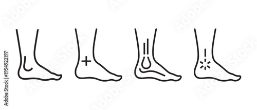 Foot and Ankle Health Line Art Icons Illustrating Anatomy, Injury, Pain, and Care on a White Background.