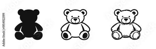 Cute Teddy Bear Icon Set with Silhouette, Outline, and Hand-Drawn Styles