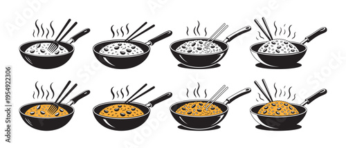 Steaming Rice and Fried Rice in Frying Pans with Chopsticks and Spoons, Asian Food Cooking Illustration Set.