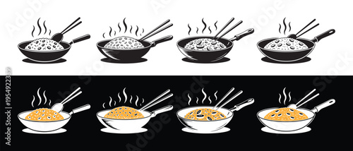 Steaming Asian Fried Rice or Noodles in Wok Pan with Chopsticks Icon Set, Black and White Color.