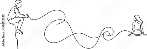 Minimalist line art illustration of two figures interacting with a rope in an infinity loop sha