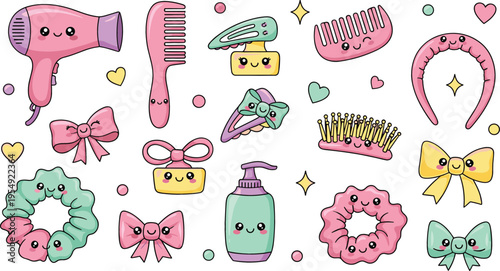 Cute kawaii hair accessories and styling tools set with bows scrunchies comb dryer and clips, adorable pastel vector illustration collection