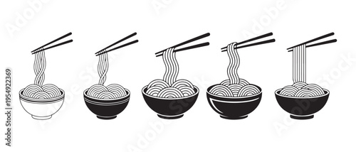 Chopsticks Lifting Noodles from Five Bowls in a Minimalist Black and White Vector Graphic Illustration.