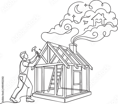 Person hammering a house frame with smoke coming from the chimney in line art style