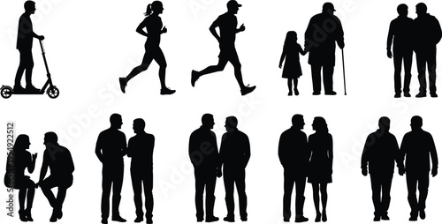 People silhouettes collection, walking, running, talking, family and friends interactions, lifestyle poses, black vector set isolated on white background