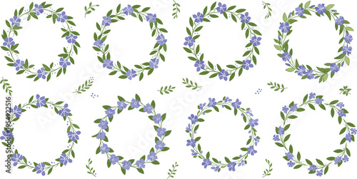 Blue floral wreaths set with leaves and blossoms, elegant botanical circle frames collection for wedding invitations vector illustration