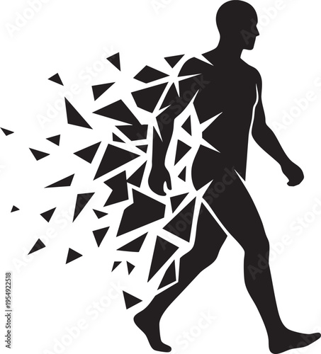 Silhouette of a man disintegrating into geometric fragments, abstract transformation concept