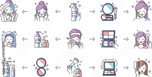 Makeup and skincare routine set with beauty steps and cosmetics application, daily self care process icons vector illustration