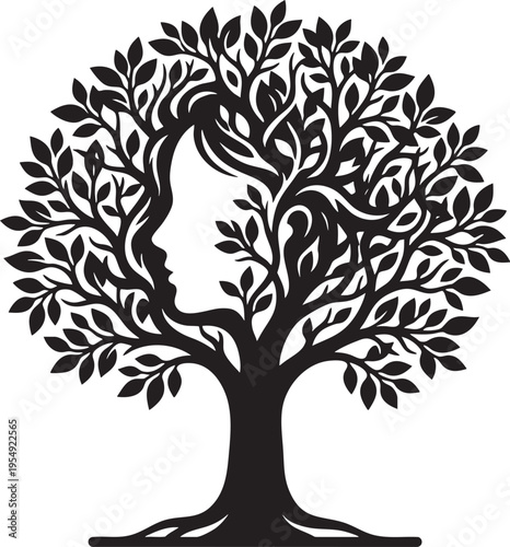 Silhouette profile of a woman's face forming the trunk of a detailed tree