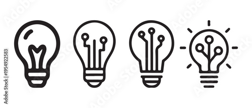 Progression of Idea Light Bulb Icons. From Traditional Filament to Digital Circuit Board Innovation, Glowing with Creative Thought.