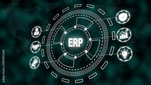 Bild auf Leinwand ERP System Interface with Global Network and Business Icons enterprise resource