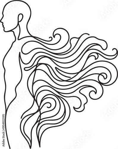 Stylized line art illustration of a woman's profile with flowing, ornate, voluminous hair
