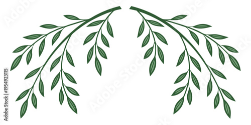 Green leaves on branches forming a wreath shape on white background