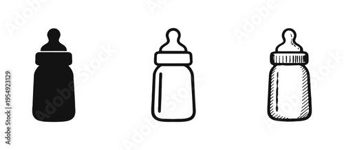 Baby feeding bottle icon set: solid black, outline, and hand-drawn style for infants and newborns.