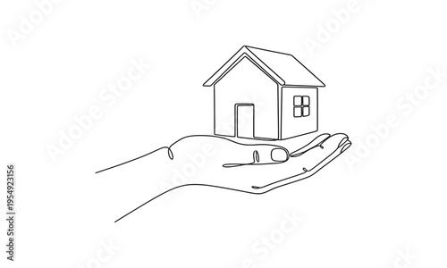 One line drawing of Hand holding a small house. Hand drawn continuous line representing property, housing, investment