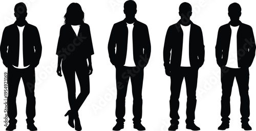 people, silhouettes, casual, group, men, woman, standing, jacket, outfit, fashion, style, modern, lifestyle, urban, clothing, illustration, isolated, background, trendy, concept
