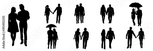 Collection of couple silhouettes in romantic and everyday situations. Men and women walking together, holding hands, standing close and sharing moments. Love, relationship and dating concept isolated 