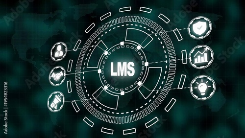 Learning Management System digital interface with icons for security, growth, ideas, and collaboration on a world map background