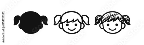 Cute girl face icon with pigtails in various styles: silhouette, outline, and hand-drawn sketch on white.
