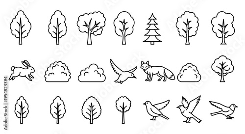 A collection of nature icons featuring trees, animals, and birds, illustrating a natural environment