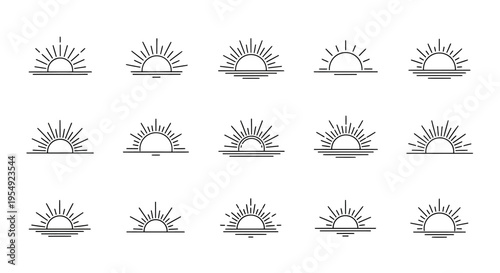 Extensive collection of minimalist sun graphic icons, showcasing various abstract designs of sunrises, sunsets, and radiant celestial concepts for creative projects