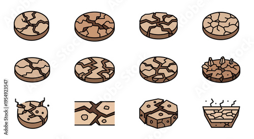 Set of isometric cracked earth icons, perfect for representing drought, arid landscapes, desert environments, and environmental degradation in game design, apps, or digital illustrations