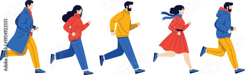 running people illustration, winter fashion outfit, active men women, jogging characters vector, dynamic movement, cold weather clothing, lifestyle activity concept