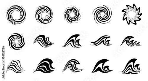 Collection of abstract swirling vortex and dynamic wave graphic design elements for creative use