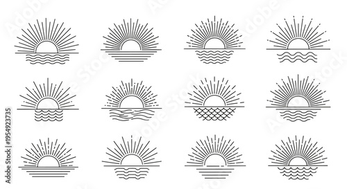 Set of Retro Sunrise and Sunset Line Icons with Sunburst and Water Waves