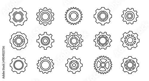 Collection of various gear icons representing mechanics and engineering concepts in a clean, line-art style
