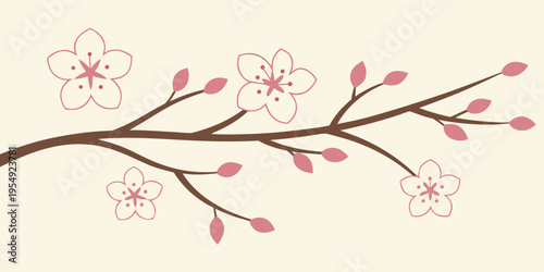 Cherry blossom branch with pink flowers and buds on beige blossoms