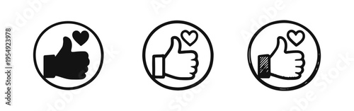 Thumbs Up and Heart Like Icon Set. Social Media Approval Symbol in Solid, Outline, and Hand-Drawn Sketchy Styles.